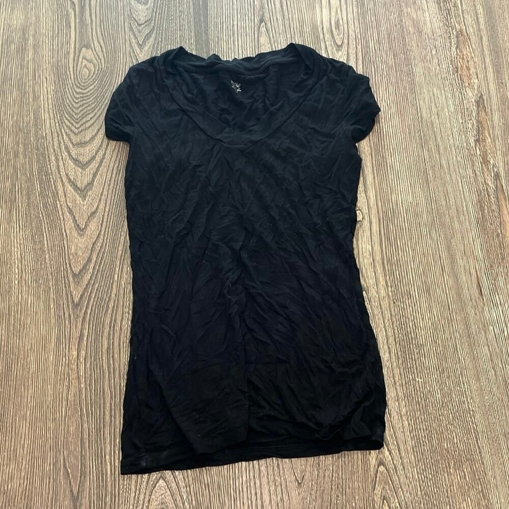 Mossimo Womens Blouse Top Cap Sleeve V-Neck Pullover Stretch Black Size Small